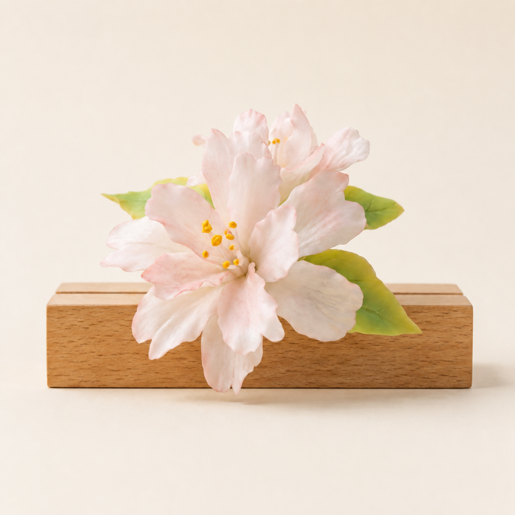 Pale pink begonia ceramic flower with green leaves on a wood base against a clean studio background