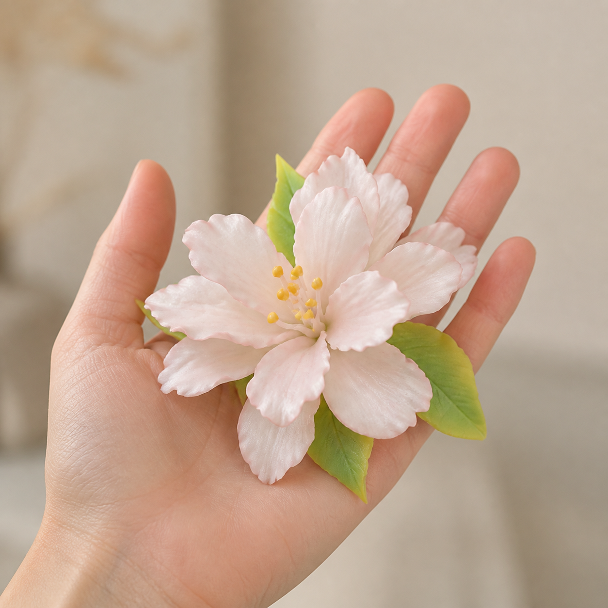 Hand holding a pale pink begonia ceramic flower with green leaves to show its handmade size