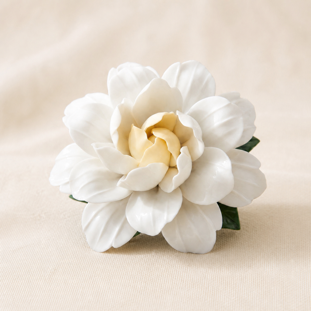 White gardenia ceramic flower diffuser and incense holder on a warm cream studio background